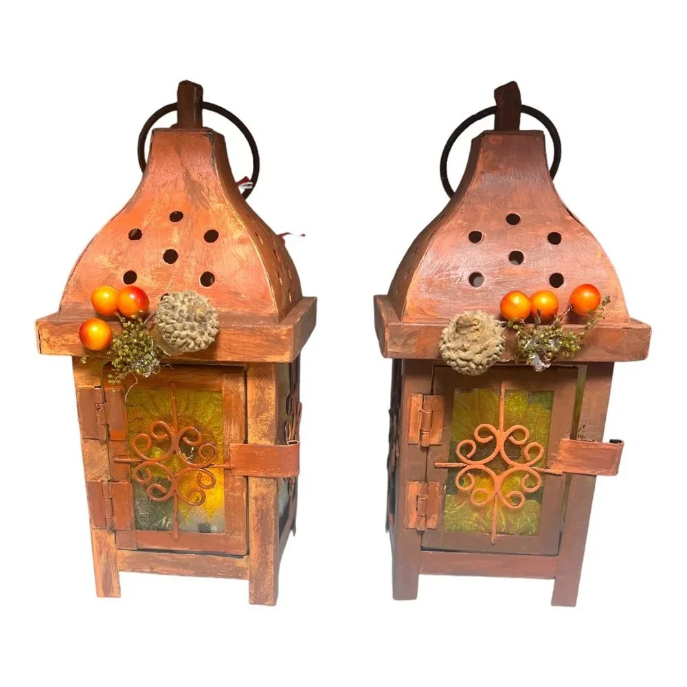 Hand Crafted Decoupaged and Hand-Painted Candle Metal Lanterns Set of 2 Lamps